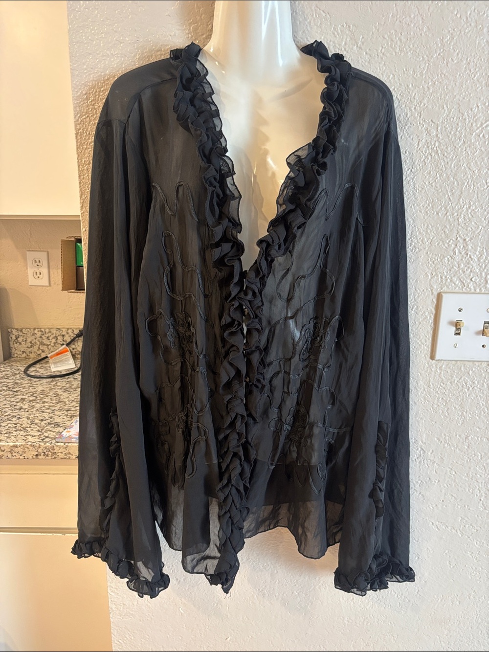 Sheer Black Ruffled Button-Front Blouse